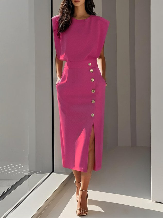 Isabelle | Women's Sleeveless Midi Dress with Button Front, A-Line Midi Dress | Animated Apparel | Light Pink