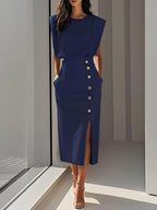 Isabelle | Women's Sleeveless Midi Dress with Button Front, A-Line Midi Dress | Animated Apparel | Blue