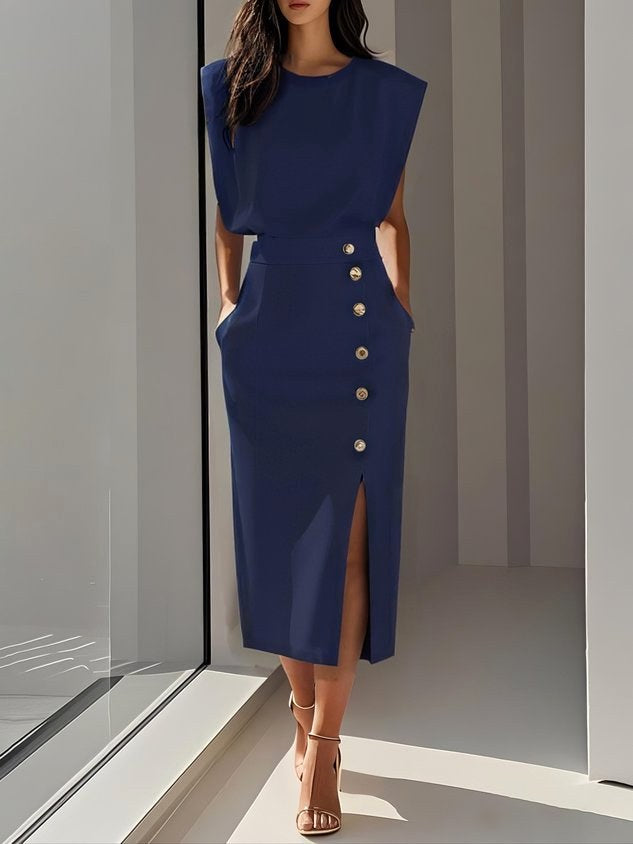 Isabelle | Women's Sleeveless Midi Dress with Button Front, A-Line Midi Dress | Animated Apparel | Blue