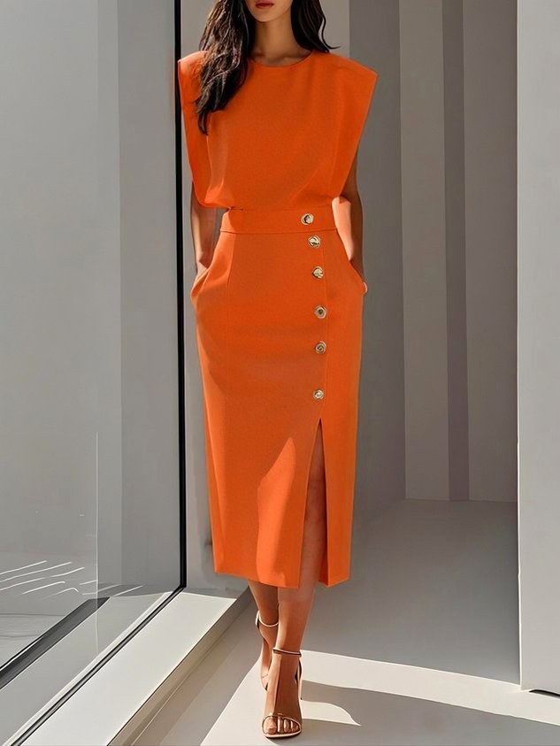 Isabelle | Women's Sleeveless Midi Dress with Button Front, A-Line Midi Dress | Animated Apparel | Orange