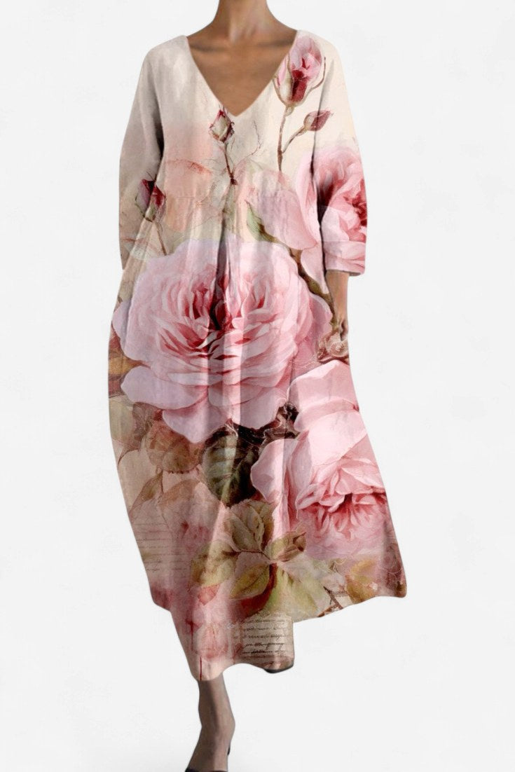 Isalinde | Women's V-Neck Everyday Dress - Pink Flowers