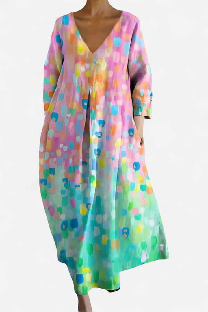 Isalinde | Women's V-Neck Everyday Dress - Pink Multicolor