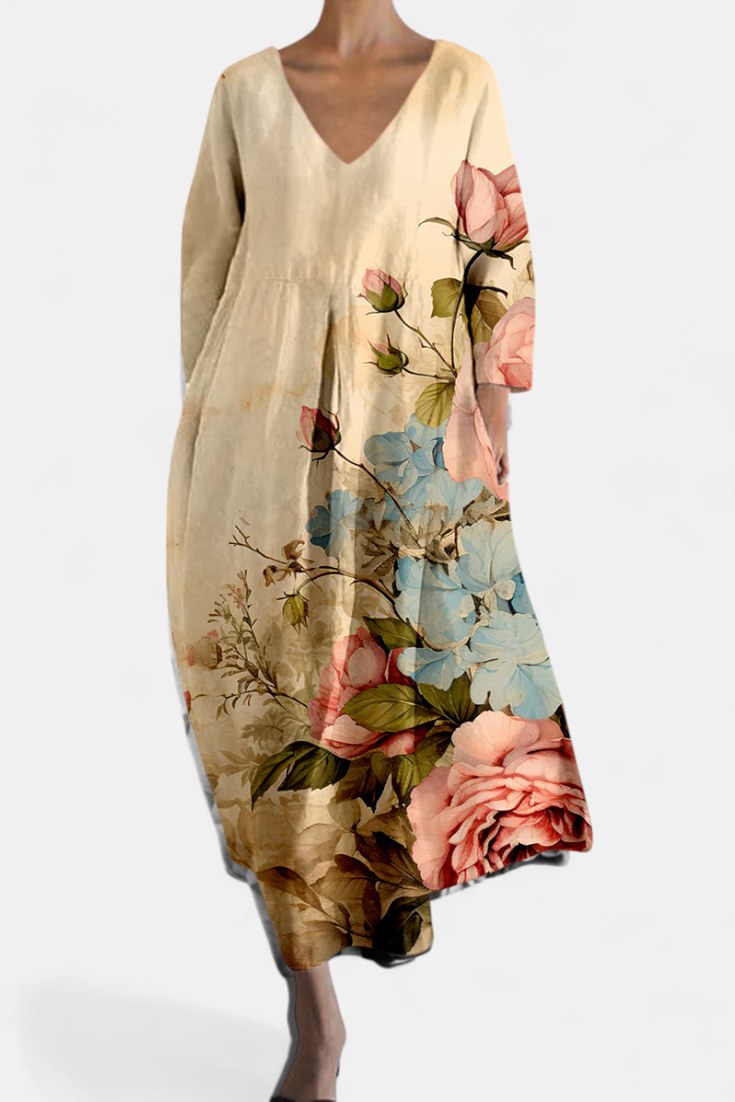 Isalinde | Women's V-Neck Everyday Dress - Beige
