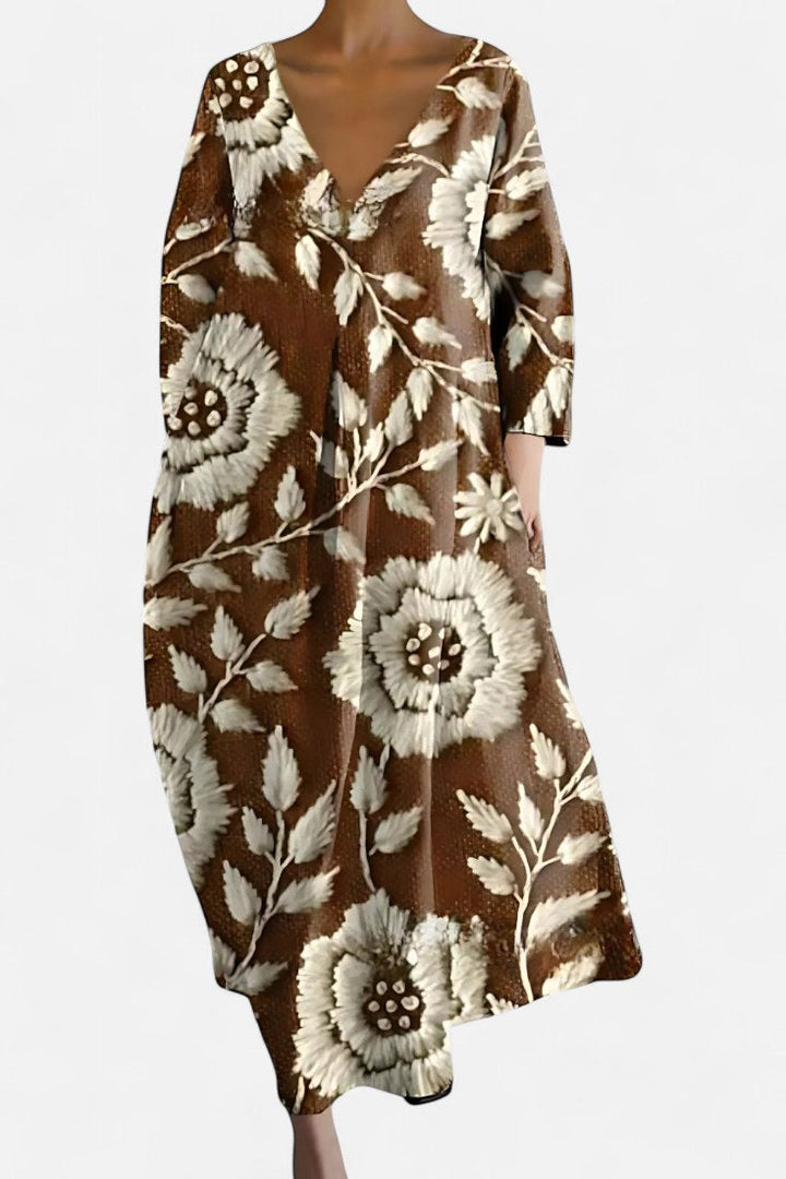 Isalinde | Women's V-Neck Everyday Dress - Brown
