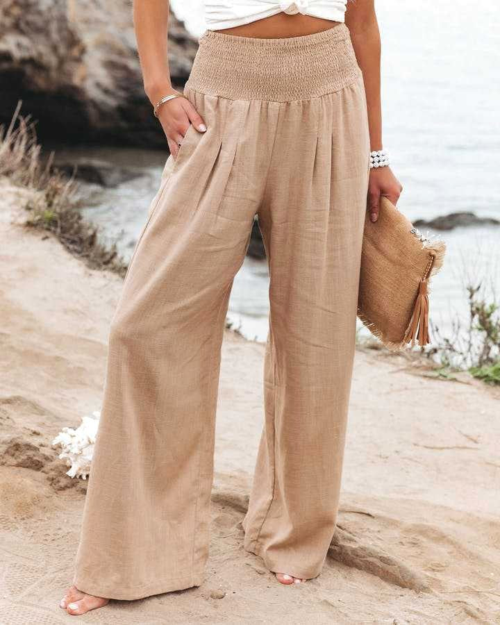 Isla | Women's High-Waist Wide-Leg Linen Pants - Beige