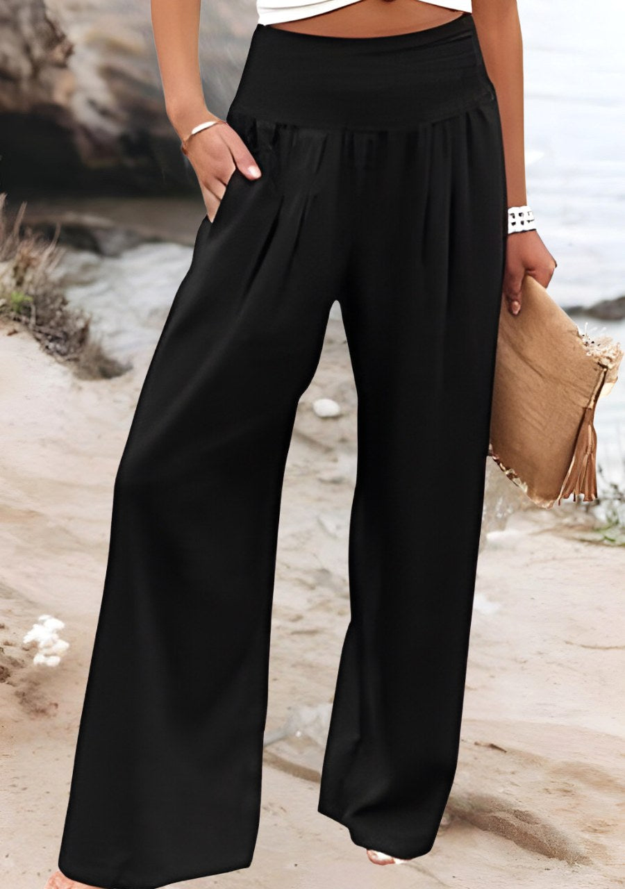 Isla | Women's High-Waist Wide-Leg Linen Pants - Black