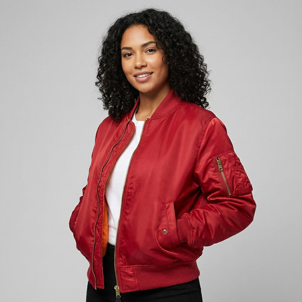 Isla | Women's Utility Bomber Jacket, Satin-Finish Autumn Jacket | Animated Apparel | Rood