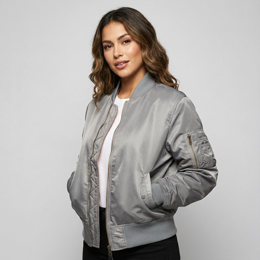 Isla | Women's Utility Bomber Jacket, Satin-Finish Autumn Jacket | Animated Apparel | Wit