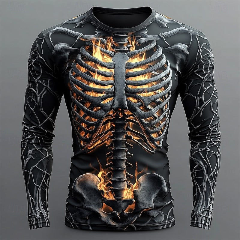 Jackson | Men's Long-Sleeve Skeleton Flame Shirt, Halloween Graphic Tee | Animated Apparel | Black 1