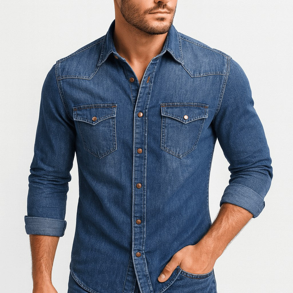 Owen | Men's Denim Shirt with Classic Collar, Button-Up Denim Shirt | Animated Apparel