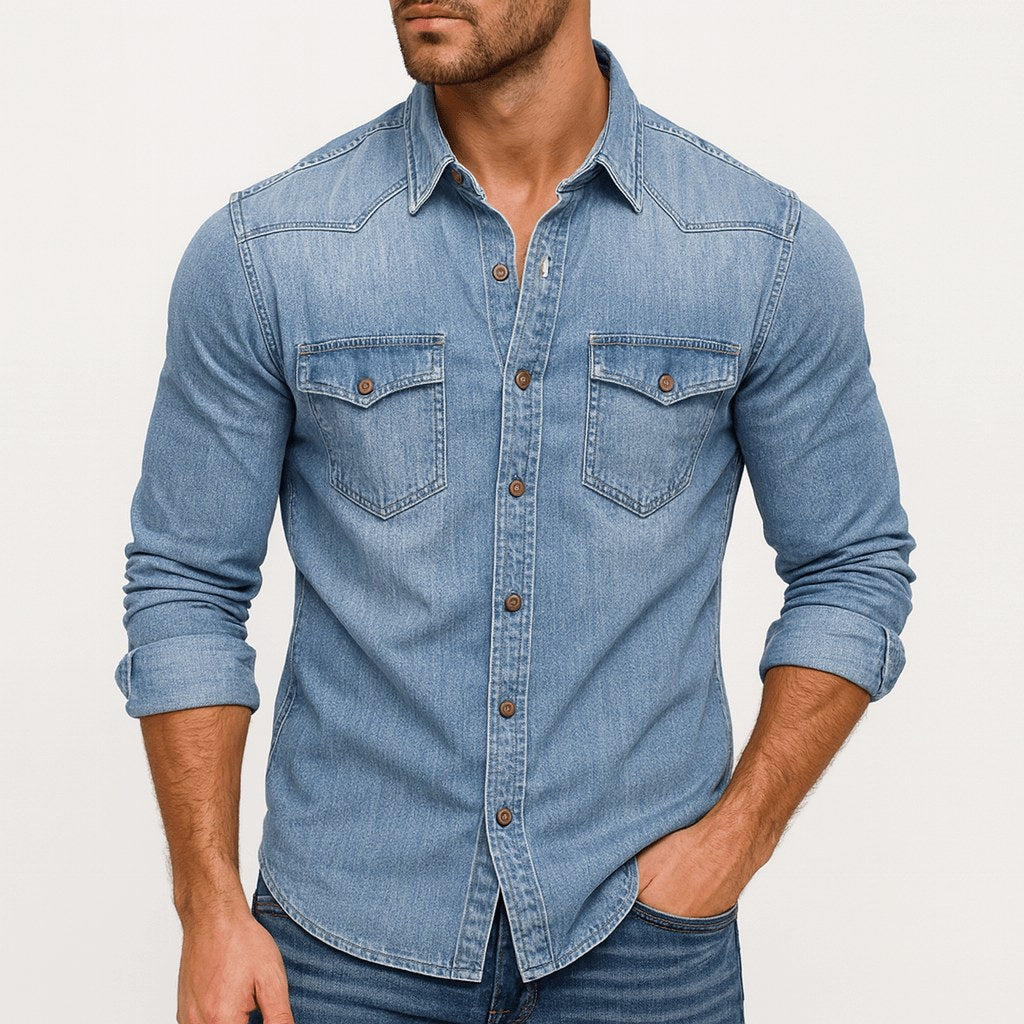 Owen | Men's Denim Shirt with Classic Collar, Button-Up Denim Shirt | Animated Apparel