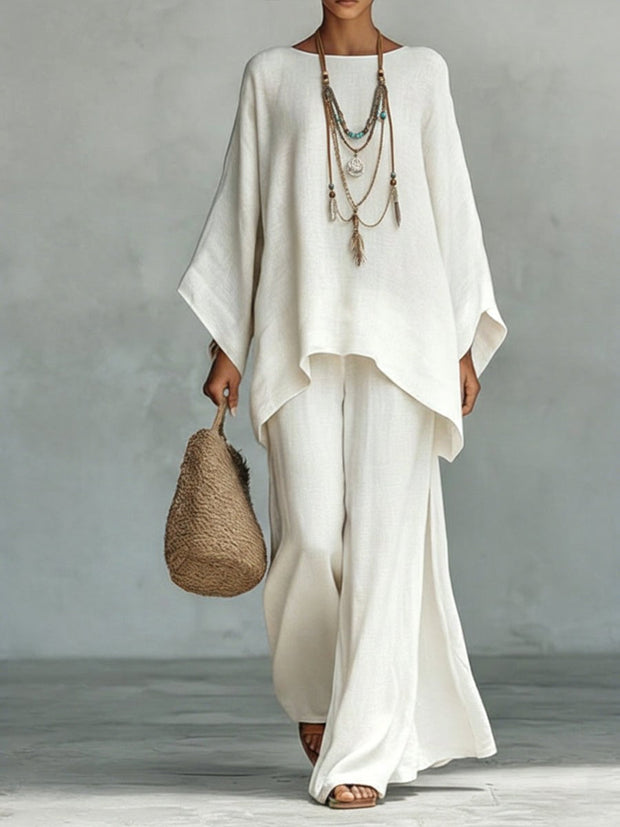 Jacqui | Women's Elegant Wide-Sleeve Two-Piece Set - White