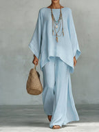 Jacqui | Women's Elegant Wide-Sleeve Two-Piece Set - Light Blue