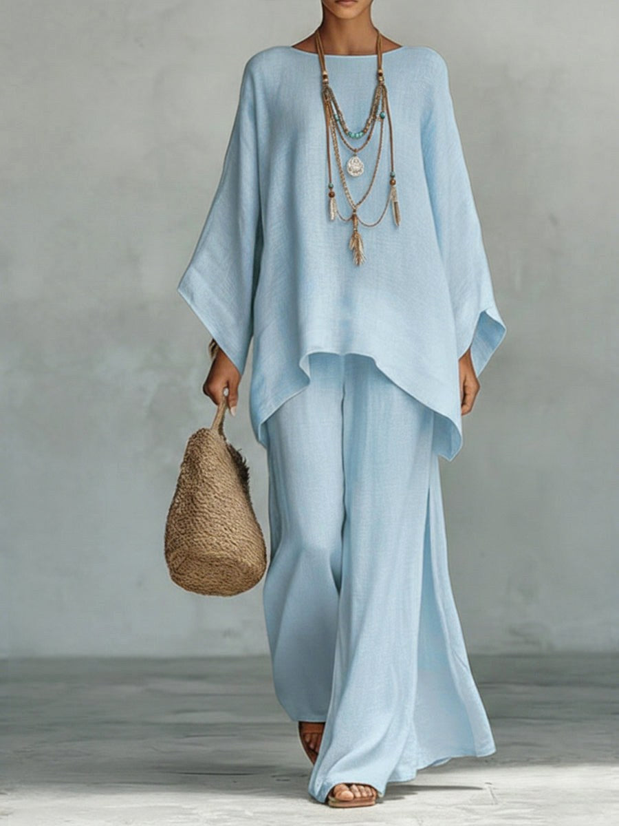 Jacqui | Women's Elegant Wide-Sleeve Two-Piece Set - Light Blue