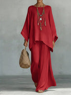 Jacqui | Women's Elegant Wide-Sleeve Two-Piece Set - Red