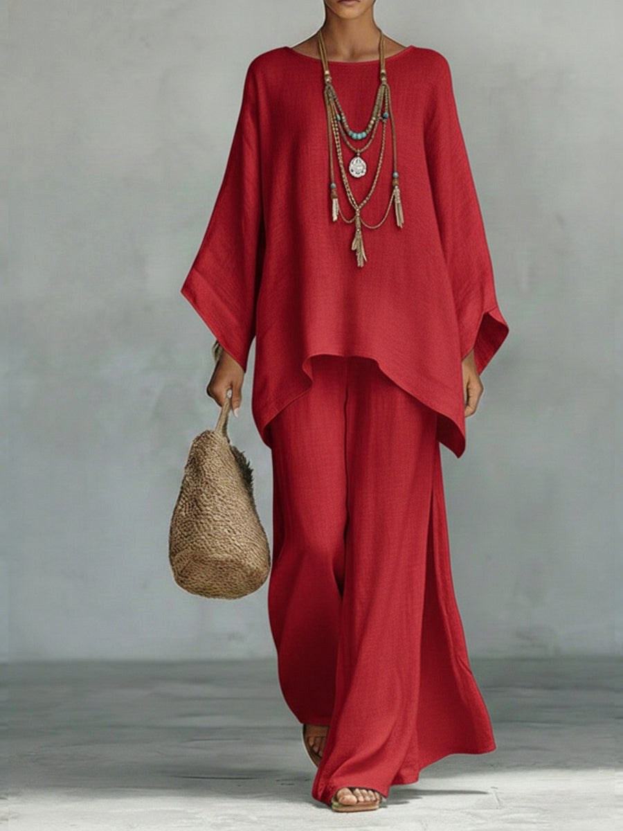 Jacqui | Women's Elegant Wide-Sleeve Two-Piece Set - Red