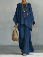 Jacqui | Women's Elegant Wide-Sleeve Two-Piece Set - Navy Blue
