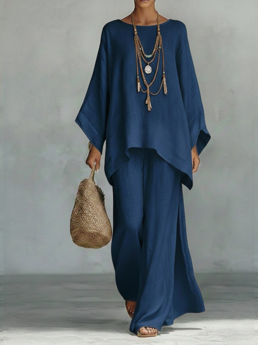 Jacqui | Women's Elegant Wide-Sleeve Two-Piece Set - Navy Blue