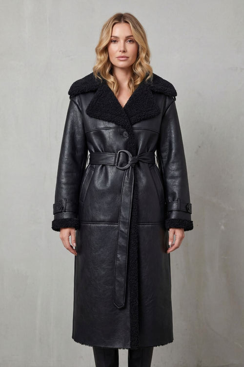 Aaliyah | Women's Long Black Aviator Coat with Teddy Collar, Warm Winter Jacket | Animated Apparel | Black