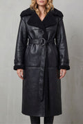 Aaliyah | Women's Long Black Aviator Coat with Teddy Collar, Warm Winter Jacket | Animated Apparel