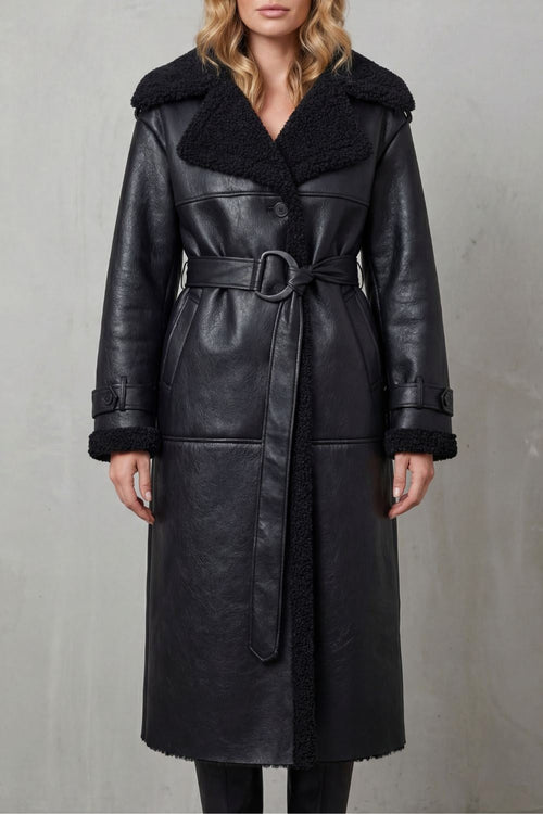 Aaliyah | Women's Long Black Aviator Coat with Teddy Collar, Warm Winter Jacket | Animated Apparel