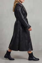 Aaliyah | Women's Long Black Aviator Coat with Teddy Collar, Warm Winter Jacket | Animated Apparel