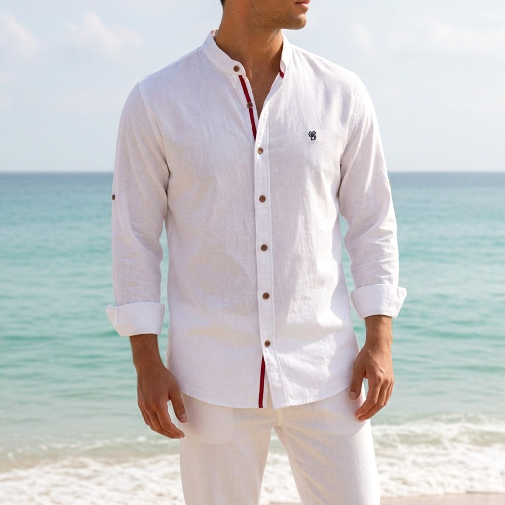 Jake | Men's Mandarin-Collar Cotton Shirt, Long Sleeve Tailored Shirt | Animated Apparel