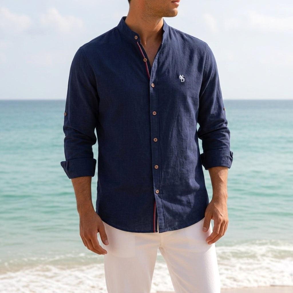 Jake | Men's Mandarin-Collar Cotton Shirt, Long Sleeve Tailored Shirt | Animated Apparel