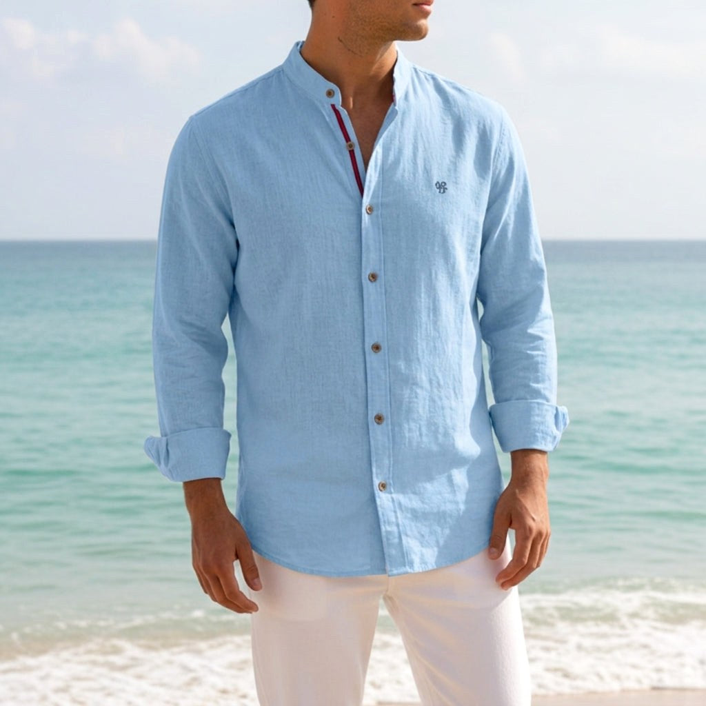 Jake | Men's Mandarin-Collar Cotton Shirt, Long Sleeve Tailored Shirt | Animated Apparel