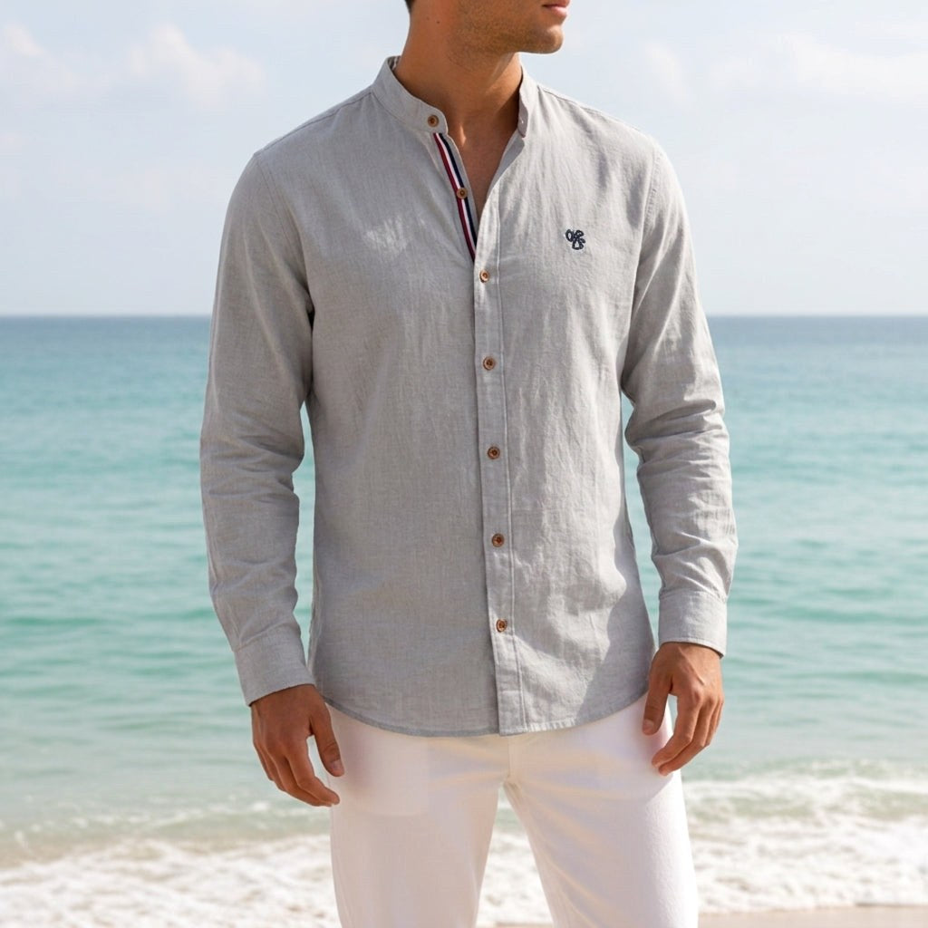 Jake | Men's Mandarin-Collar Cotton Shirt, Long Sleeve Tailored Shirt | Animated Apparel