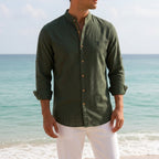 Jake | Men's Mandarin-Collar Cotton Shirt, Long Sleeve Tailored Shirt | Animated Apparel