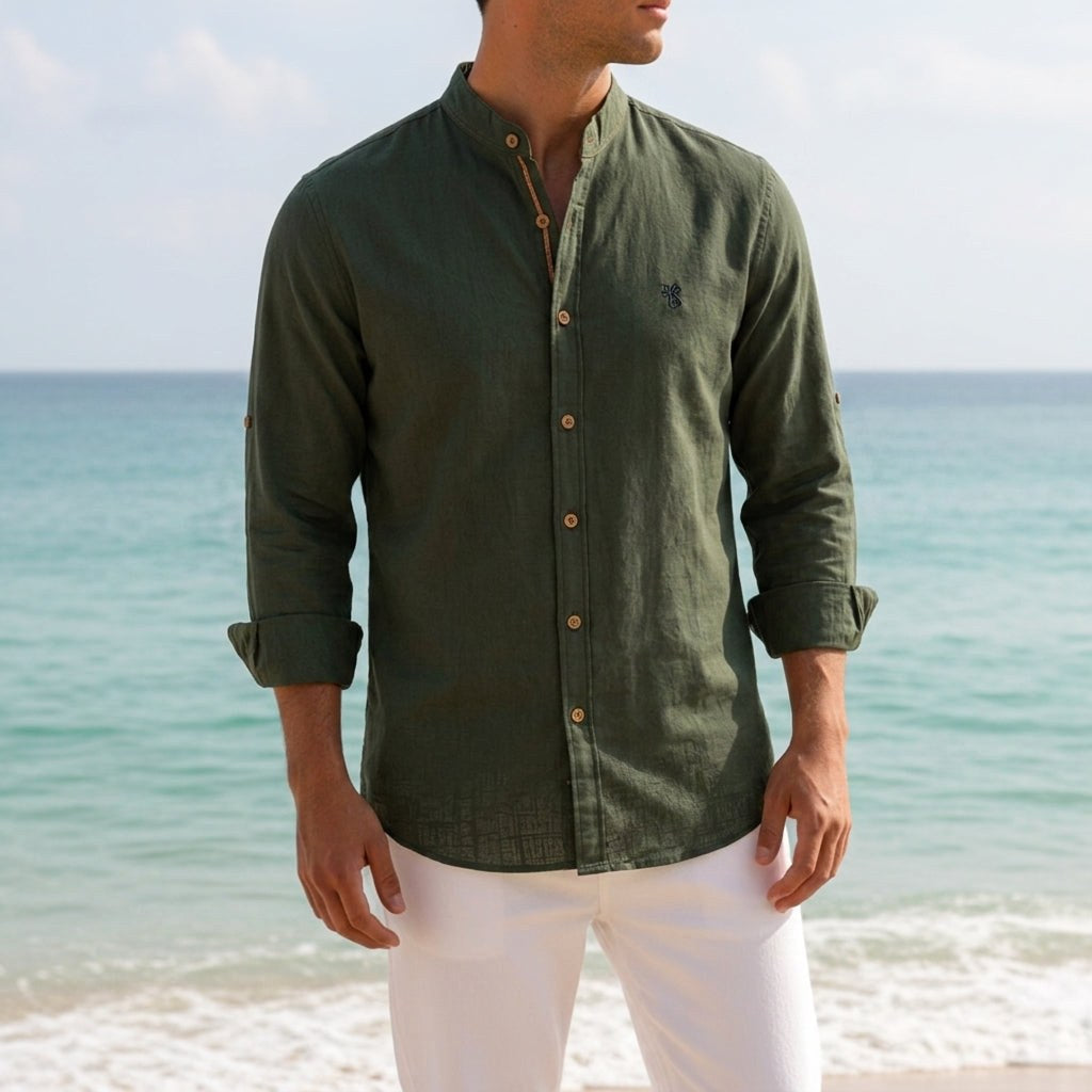Jake | Men's Mandarin-Collar Cotton Shirt, Long Sleeve Tailored Shirt | Animated Apparel