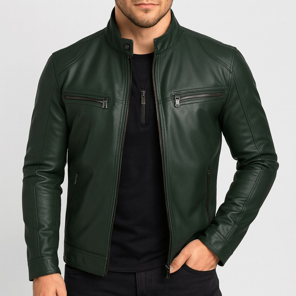 Noah | Men's Leather Motorcycle Jacket, Stand Collar Biker Jacket | Animated Apparel