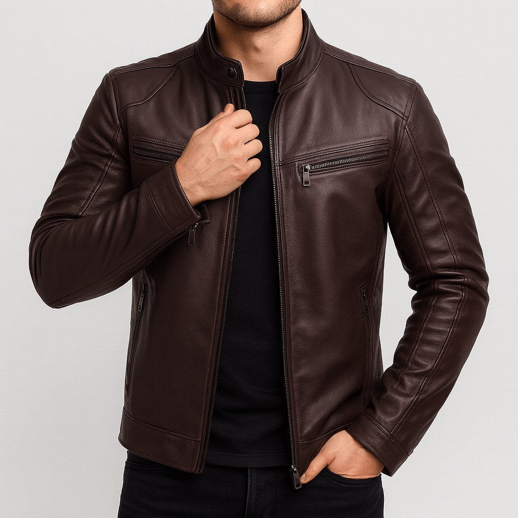 Noah | Men's Leather Motorcycle Jacket, Stand Collar Biker Jacket | Animated Apparel