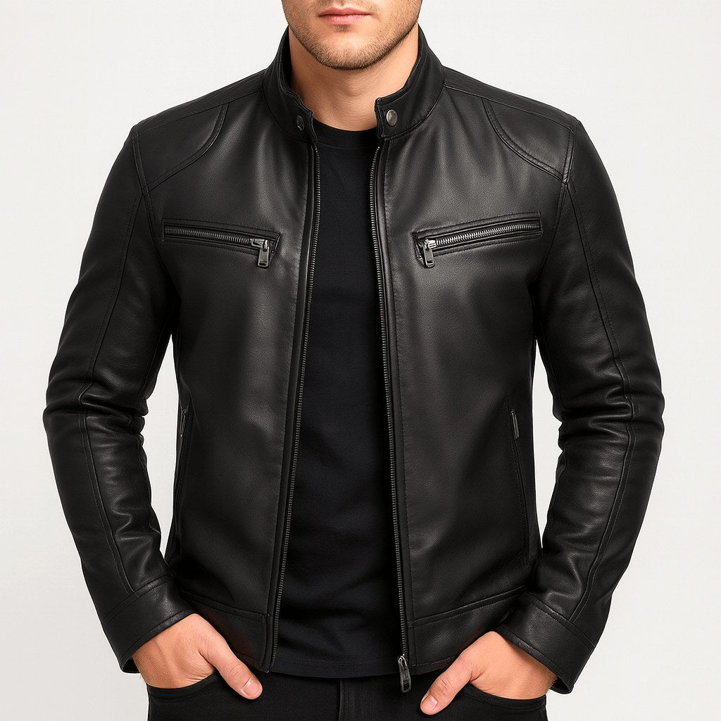 Noah | Men's Leather Motorcycle Jacket, Stand Collar Biker Jacket | Animated Apparel