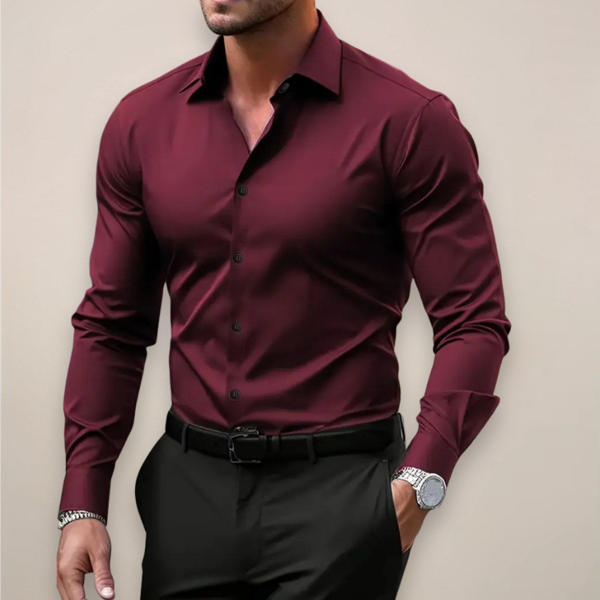 James | Men's Long Sleeve Smart Shirt, Tailored Formal Shirt | Animated Apparel | Red Wine