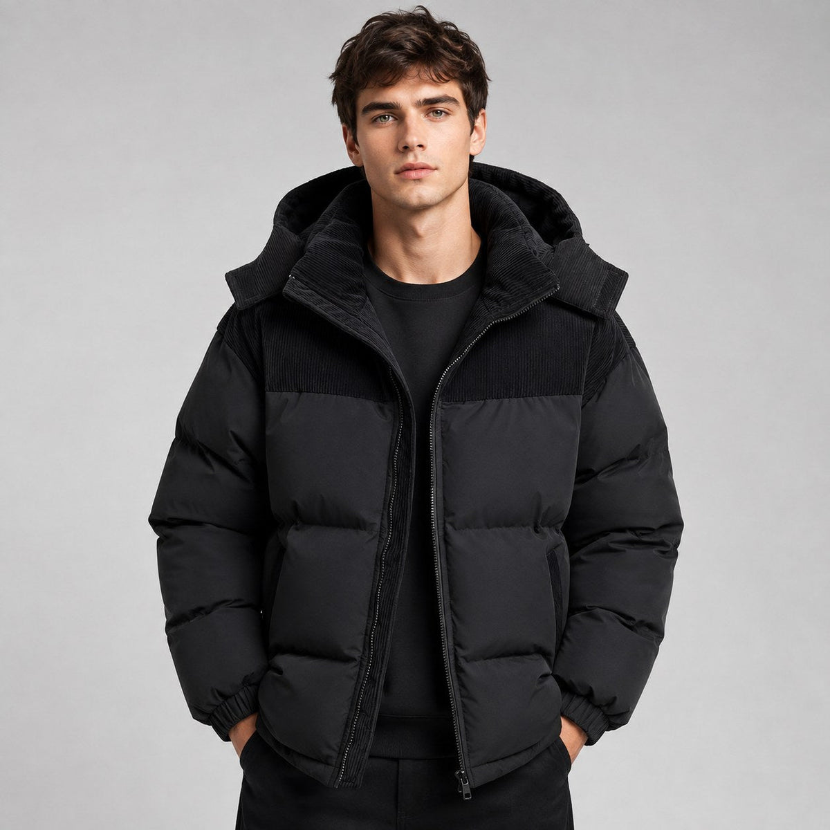 Jared | Men's Oversized Padded Puffer Jacket, Hooded Winter Coat | Animated Apparel | Black
