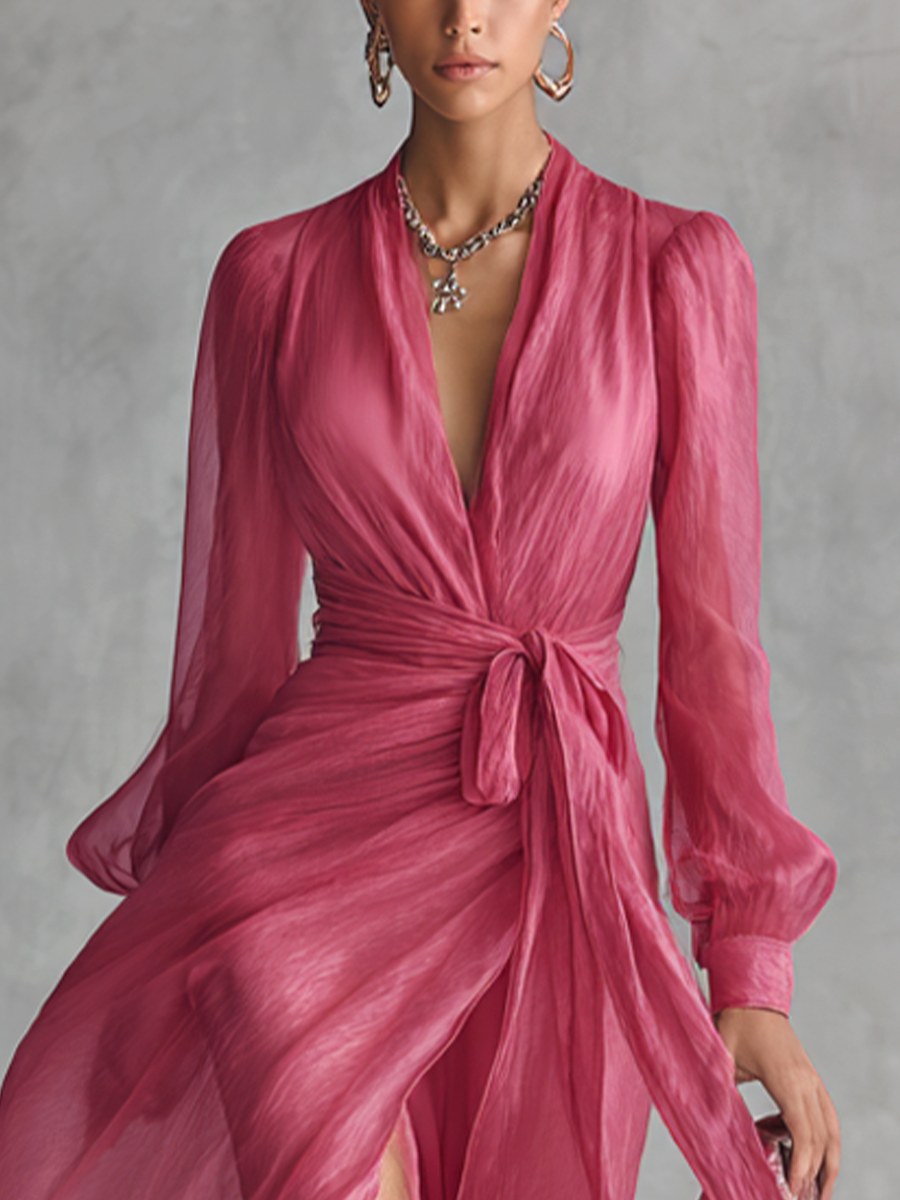 Jenna | Women's Rose Pink Chiffon V-Neck Maxi Dress - image 3