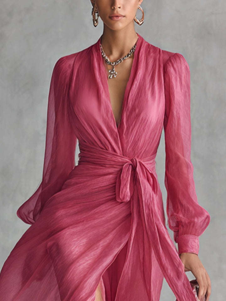Jenna | Women's Rose Pink Chiffon V-Neck Maxi Dress - image 3