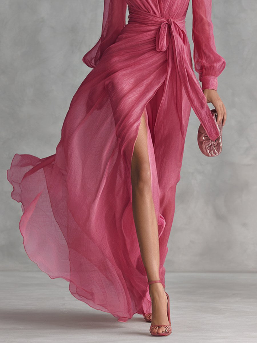 Jenna | Women's Rose Pink Chiffon V-Neck Maxi Dress - image 4