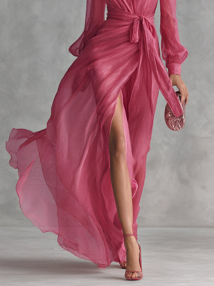 Jenna | Women's Rose Pink Chiffon V-Neck Maxi Dress - image 4