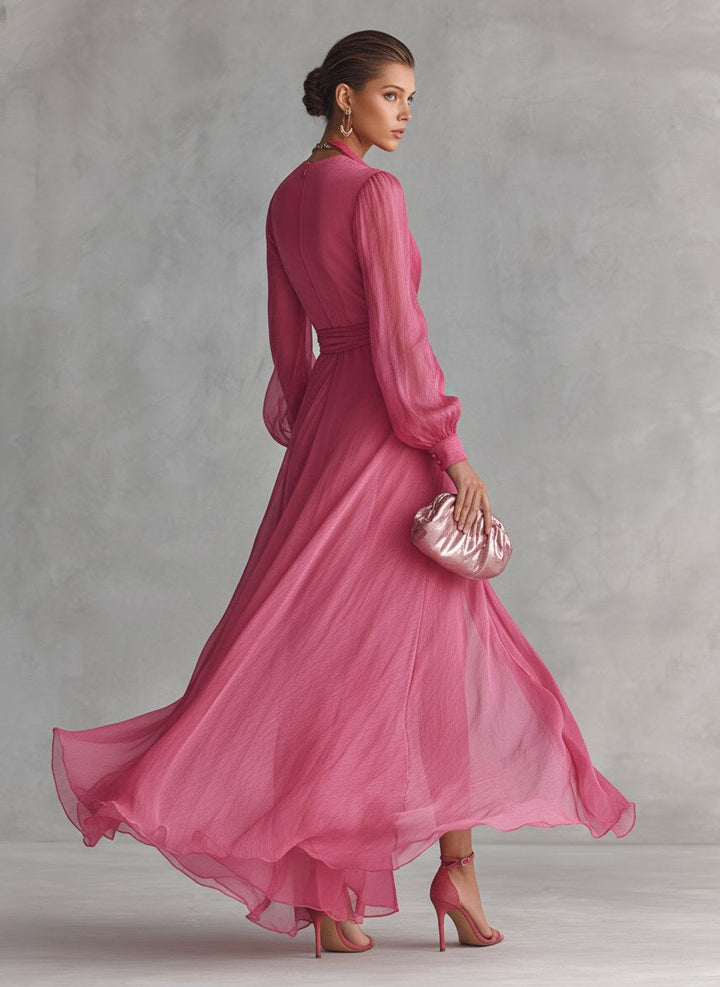 Jenna | Women's Rose Pink Chiffon V-Neck Maxi Dress - image 5