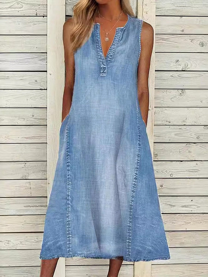 Jennifer | Women's Sleeveless V-Neck Denim Midi Dress - image 2
