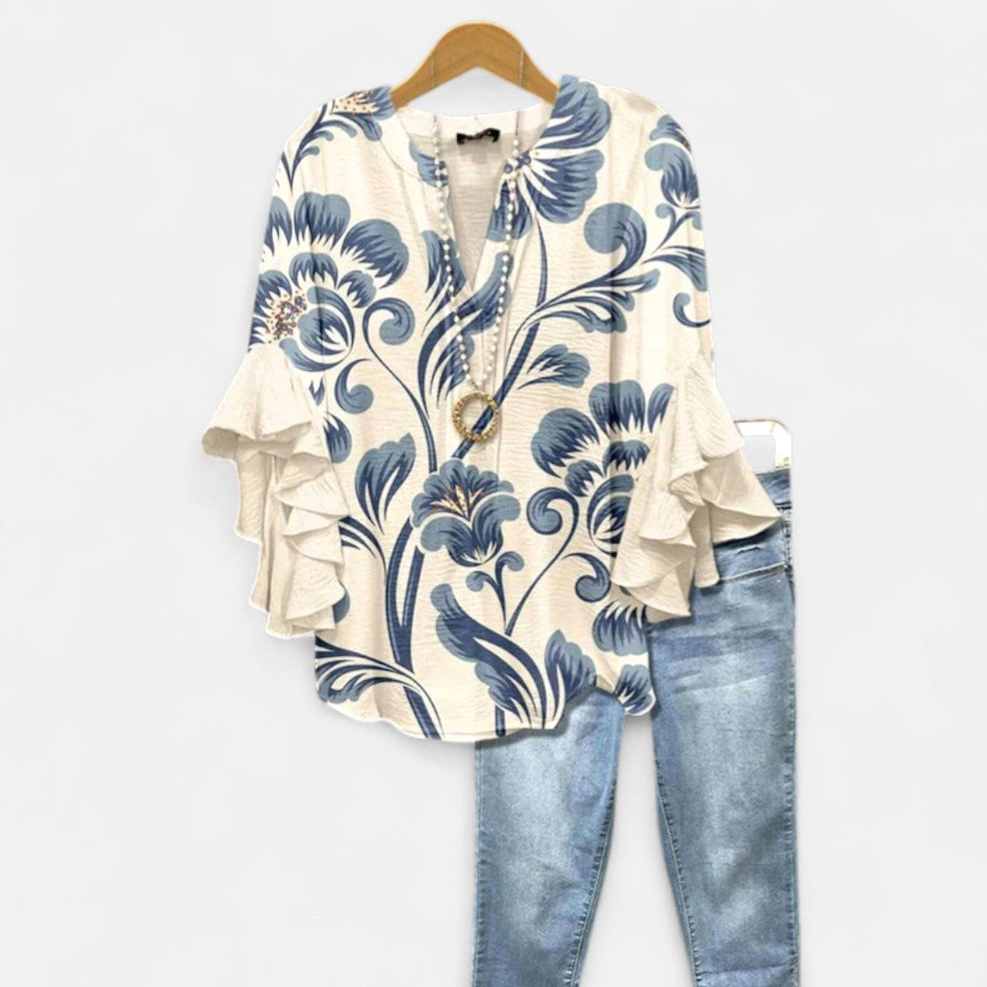 Jocelyn | Women's V-Neck Ruffle Sleeve Blouse - White