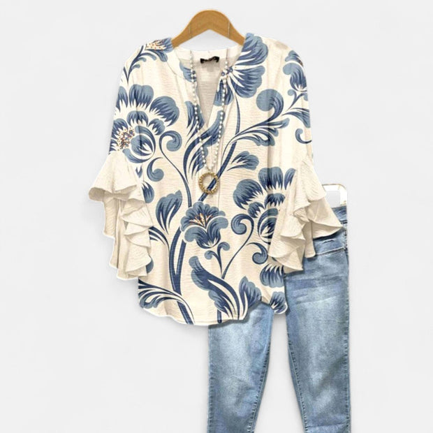 Jocelyn | Women's V-Neck Ruffle Sleeve Blouse - White