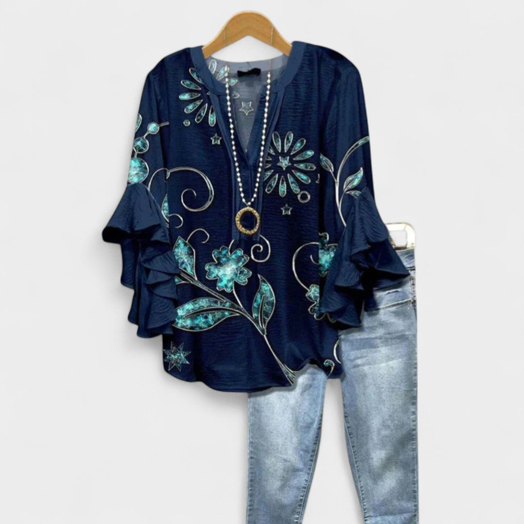 Jocelyn | Women's V-Neck Ruffle Sleeve Blouse - Dark Blue