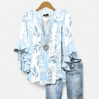 Jocelyn | Women's V-Neck Ruffle Sleeve Blouse - Light Blue