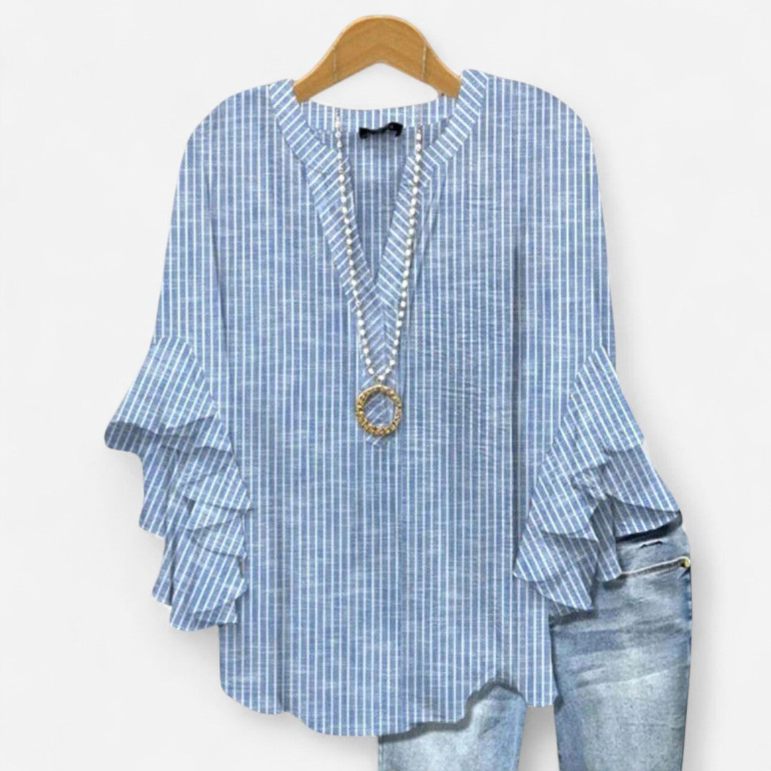 Jocelyn | Women's V-Neck Ruffle Sleeve Blouse - Blue
