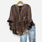 Jocelyn | Women's V-Neck Ruffle Sleeve Blouse - Brown