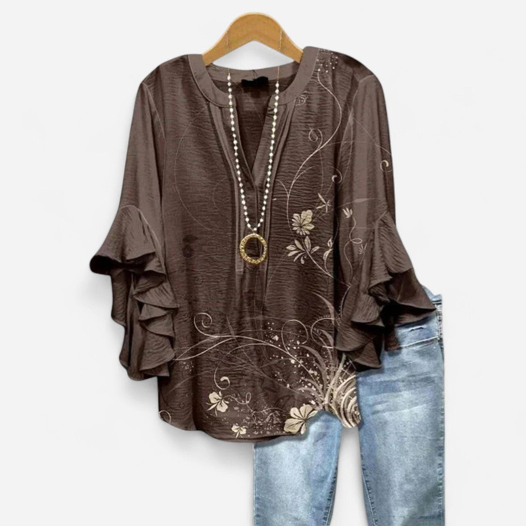 Jocelyn | Women's V-Neck Ruffle Sleeve Blouse - Brown